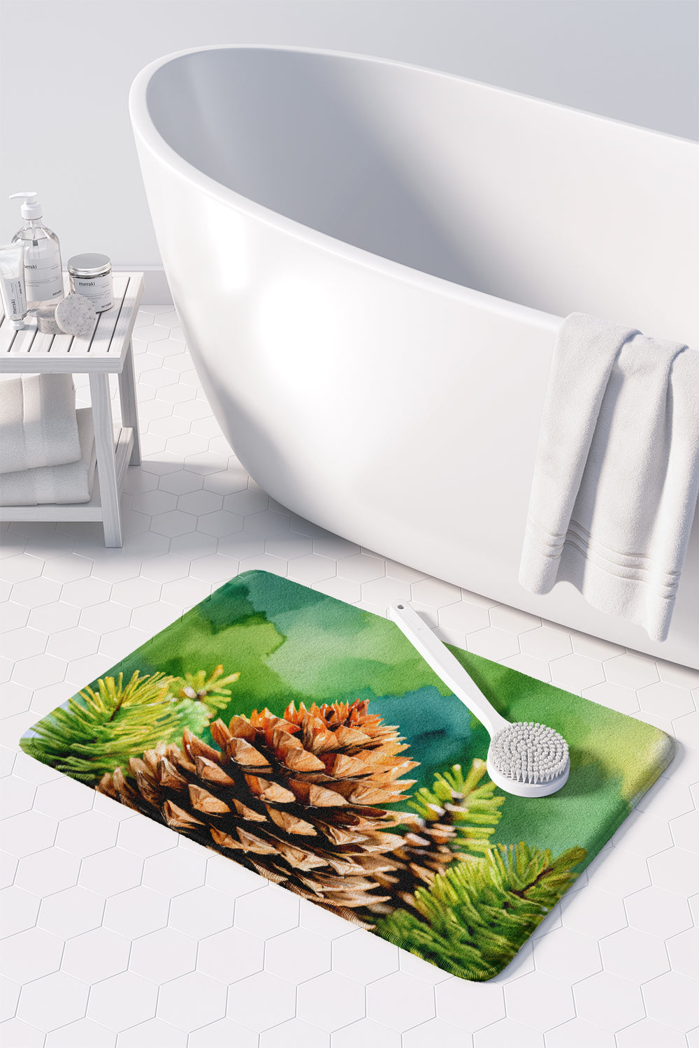 Maine White Pine Cone and Tassels in Watercolor Memory Foam Kitchen Mat