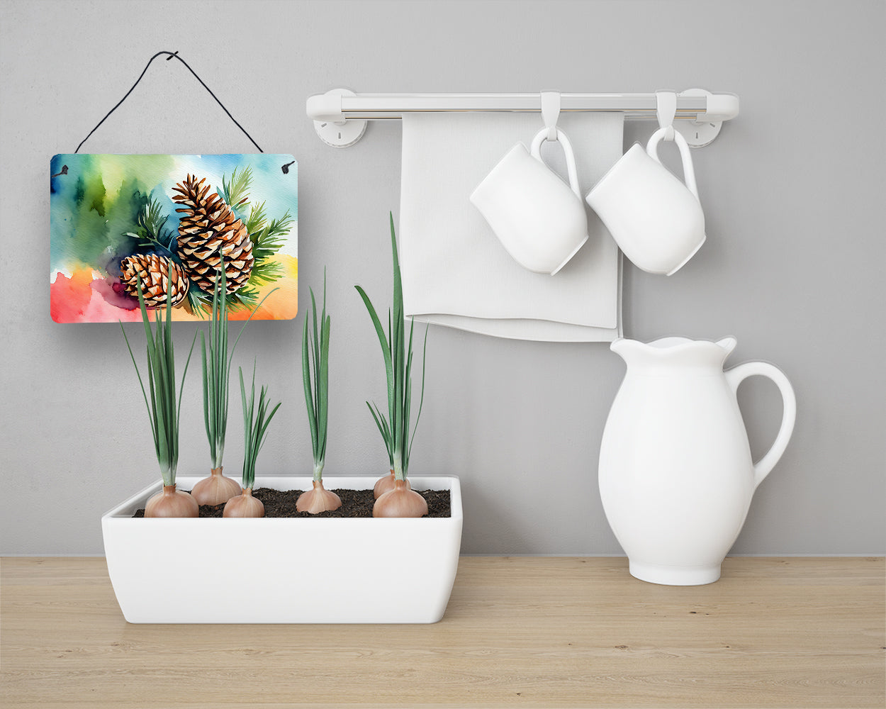 Maine White Pine Cone and Tassels in Watercolor Wall or Door Hanging Prints