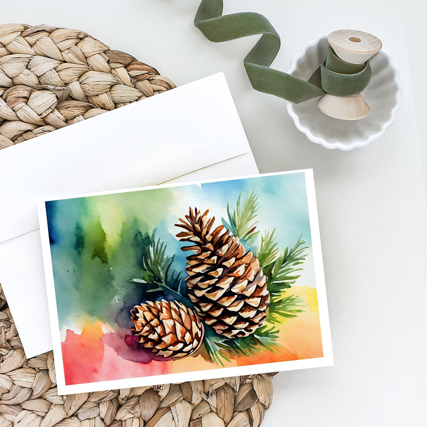 Maine White Pine Cone and Tassels in Watercolor Greeting Cards and Envelopes Pack of 8