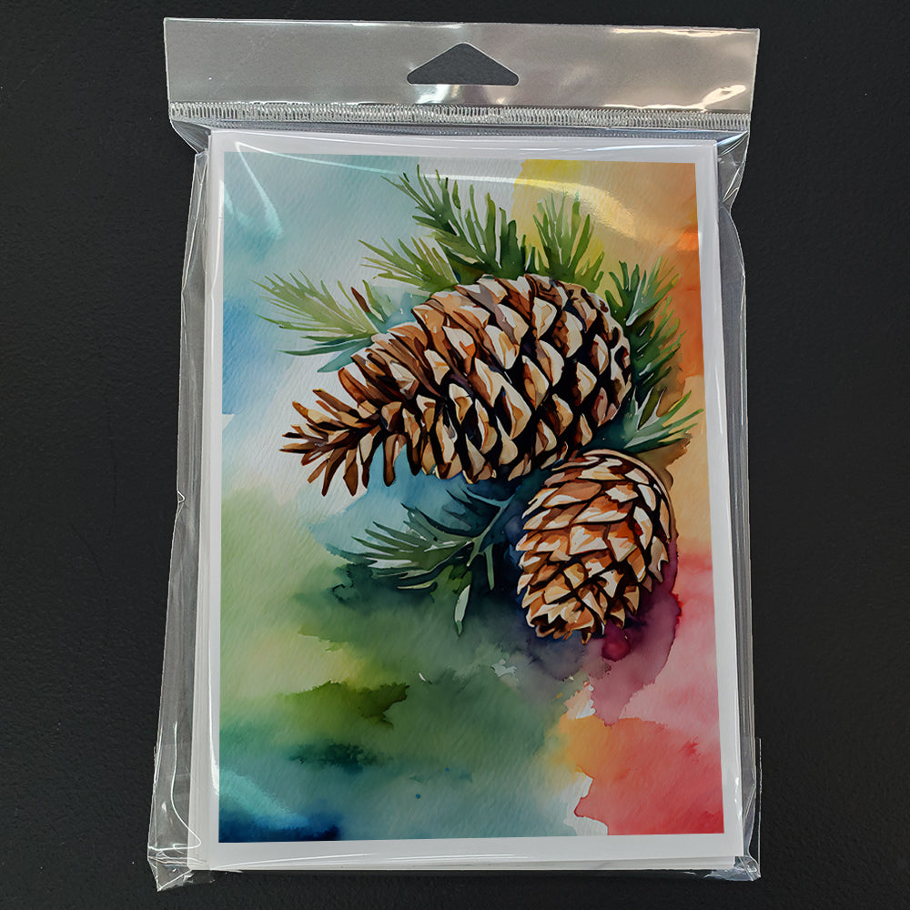 Maine White Pine Cone and Tassels in Watercolor Greeting Cards and Envelopes Pack of 8