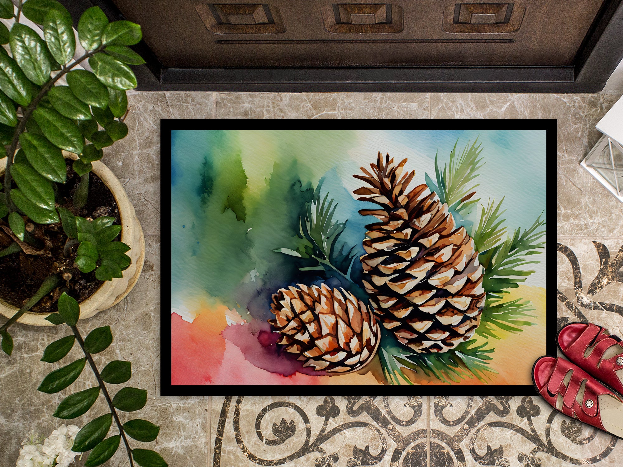 Maine White Pine Cone and Tassels in Watercolor Indoor or Outdoor Mat 24x36