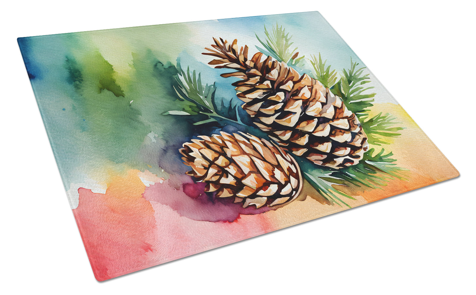 Buy this Maine White Pine Cone and Tassels in Watercolor Glass Cutting Board Large