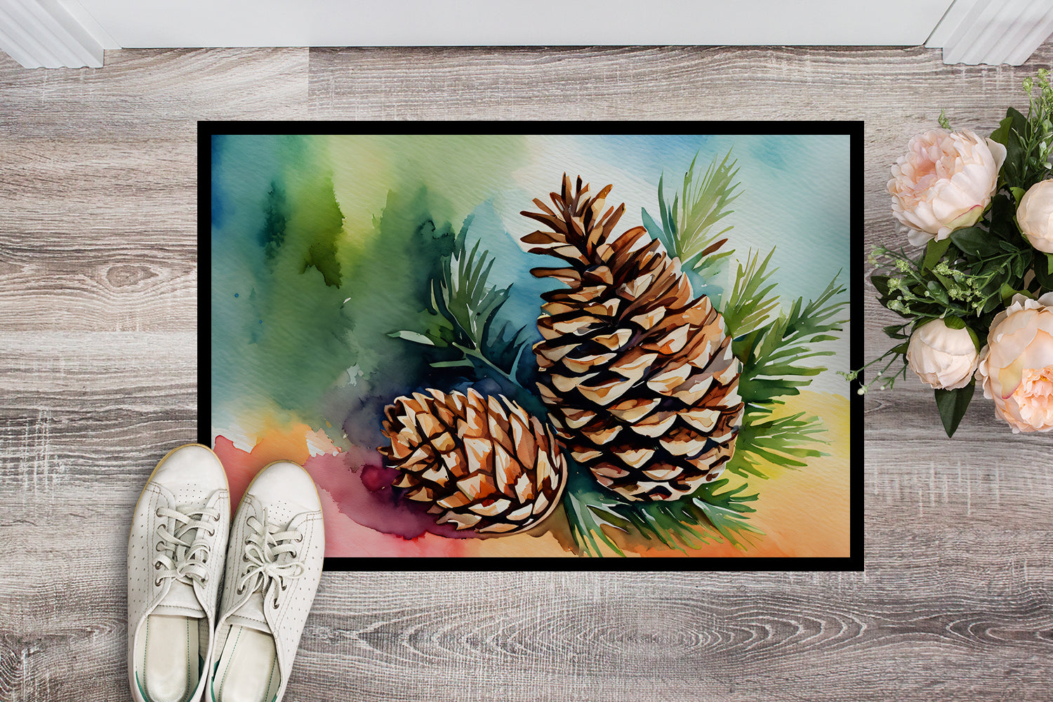 Maine White Pine Cone and Tassels in Watercolor Doormat 18x27