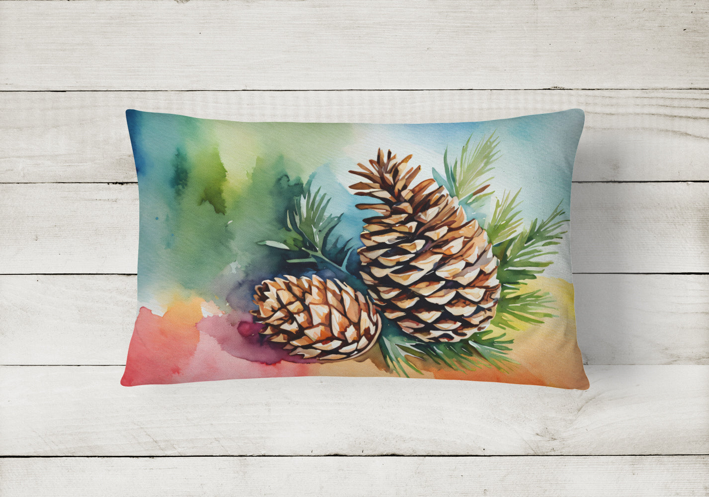 Maine White Pine Cone and Tassels in Watercolor Fabric Decorative Pillow