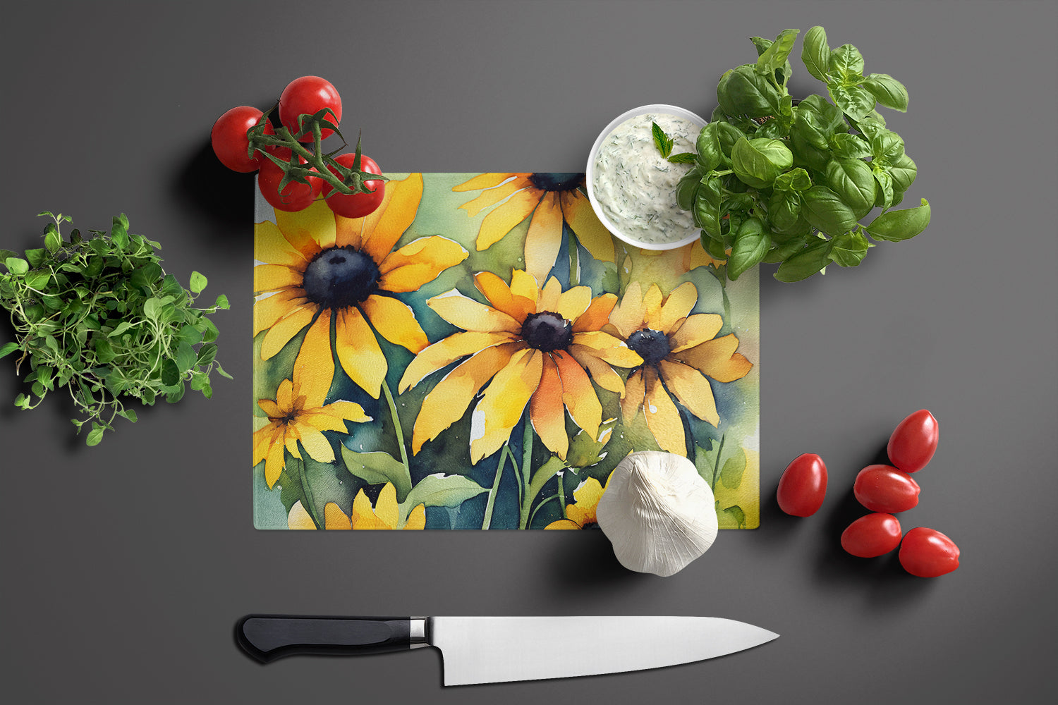 Maryland Black-Eyed Susans in Watercolor Glass Cutting Board Large