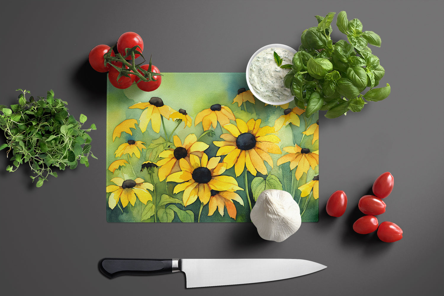 Maryland Black-Eyed Susans in Watercolor Glass Cutting Board Large