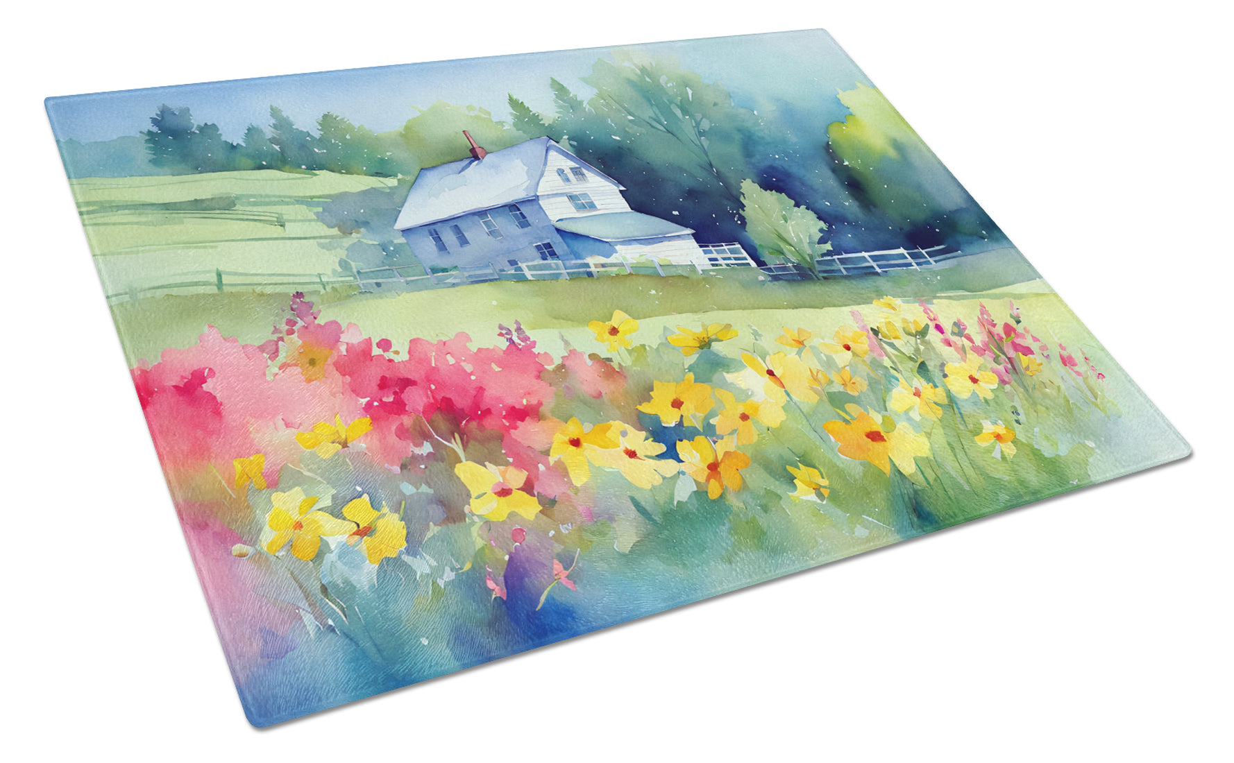 Buy this Massachusetts Mayflowers in Watercolor Glass Cutting Board Large