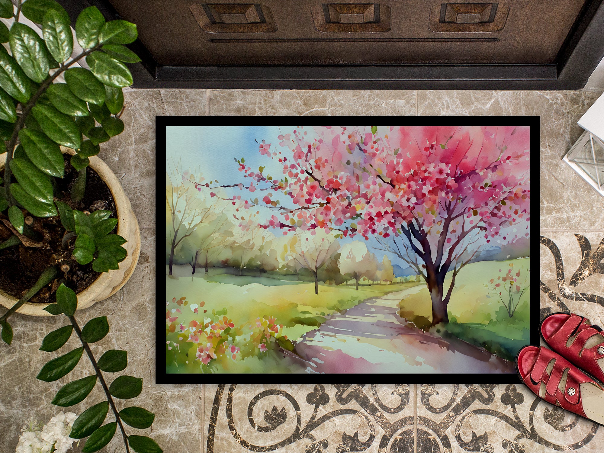 Michigan Apple Blossoms in Watercolor Indoor or Outdoor Mat 24x36
