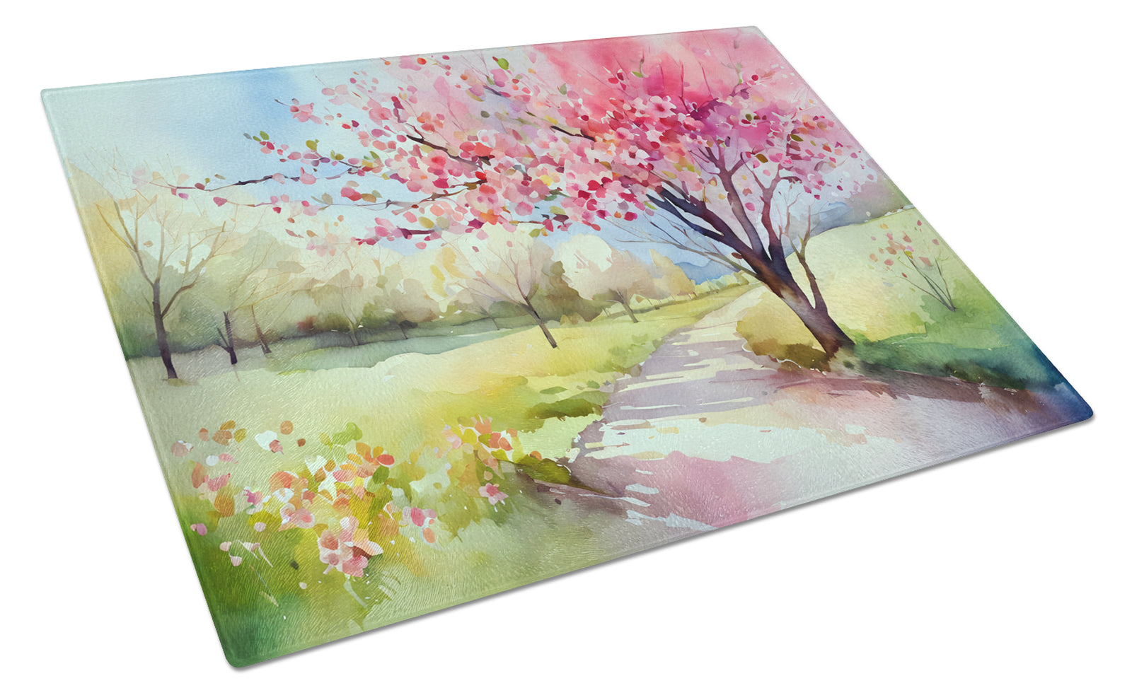 Buy this Michigan Apple Blossoms in Watercolor Glass Cutting Board Large