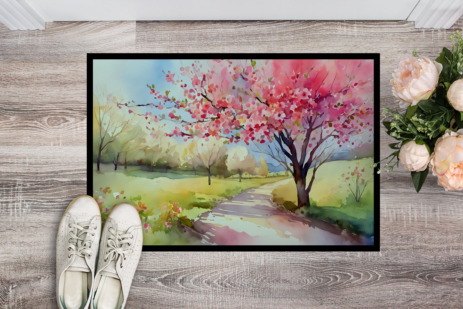 Buy this Michigan Apple Blossoms in Watercolor Doormat 18x27