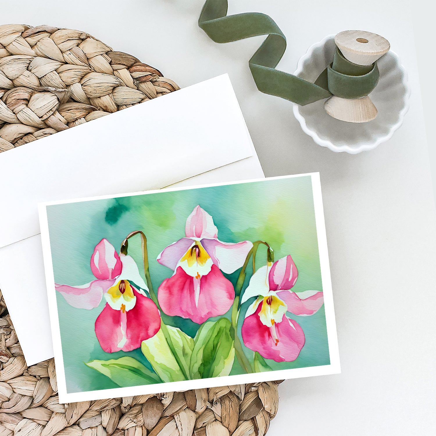 Minnesota Pink and White Lady’s Slippers in Watercolor Greeting Cards and Envelopes Pack of 8