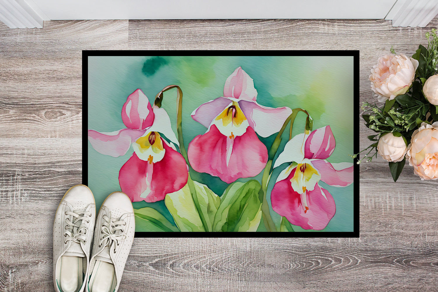 Minnesota Pink and White Lady’s Slippers in Watercolor Indoor or Outdoor Mat 24x36