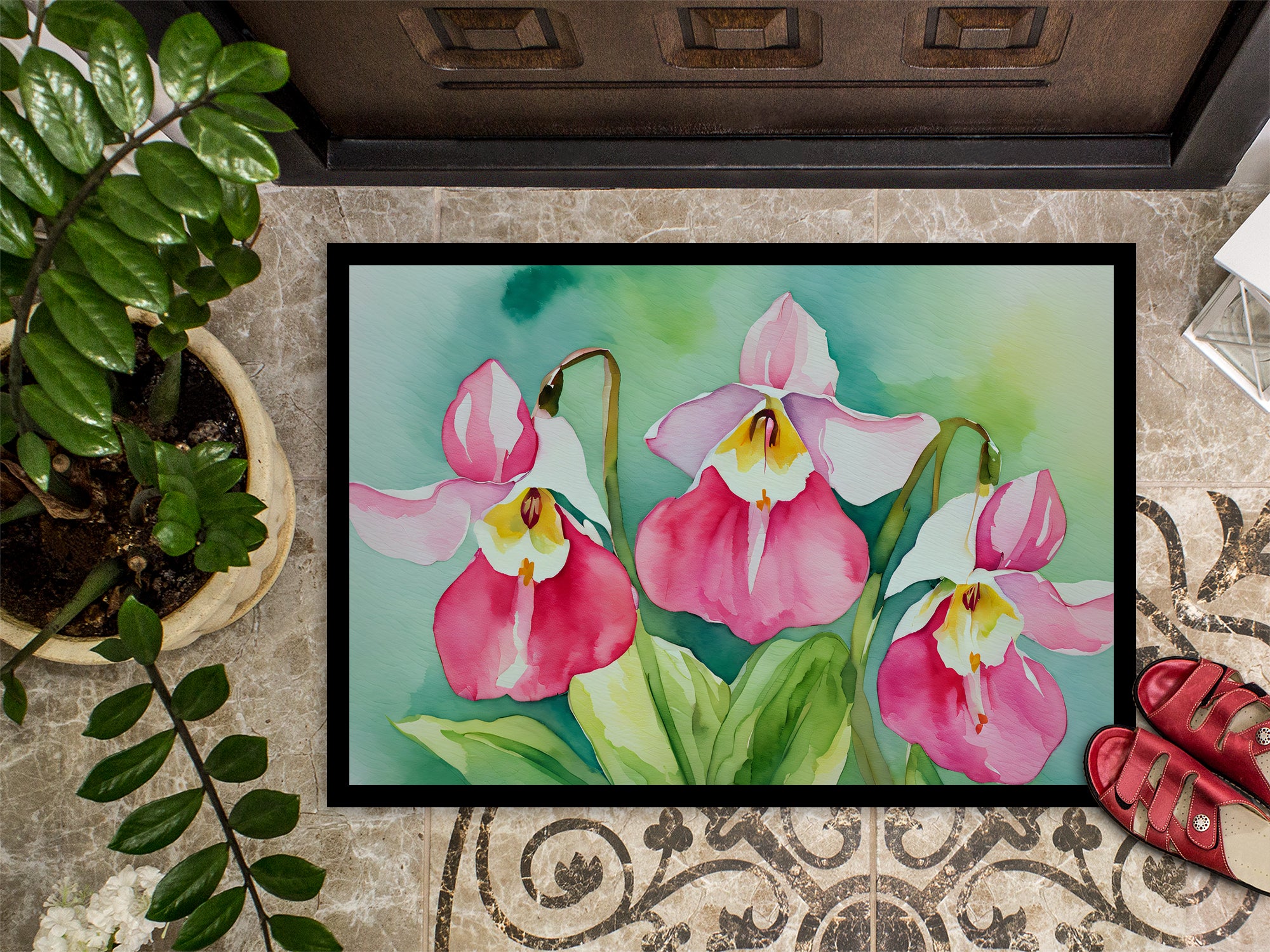 Minnesota Pink and White Lady’s Slippers in Watercolor Indoor or Outdoor Mat 24x36