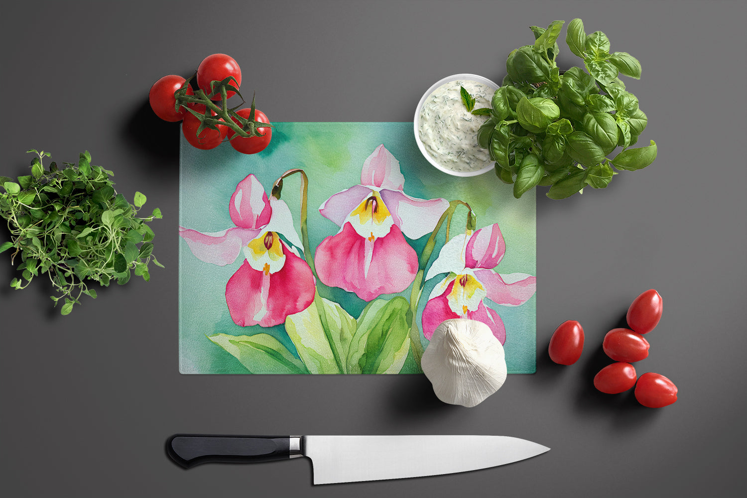 Minnesota Pink and White Lady’s Slippers in Watercolor Glass Cutting Board Large