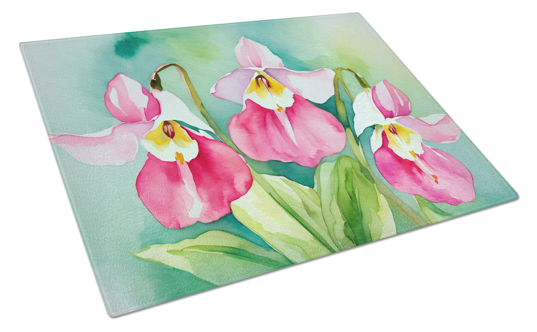 Buy this Minnesota Pink and White Lady’s Slippers in Watercolor Glass Cutting Board Large