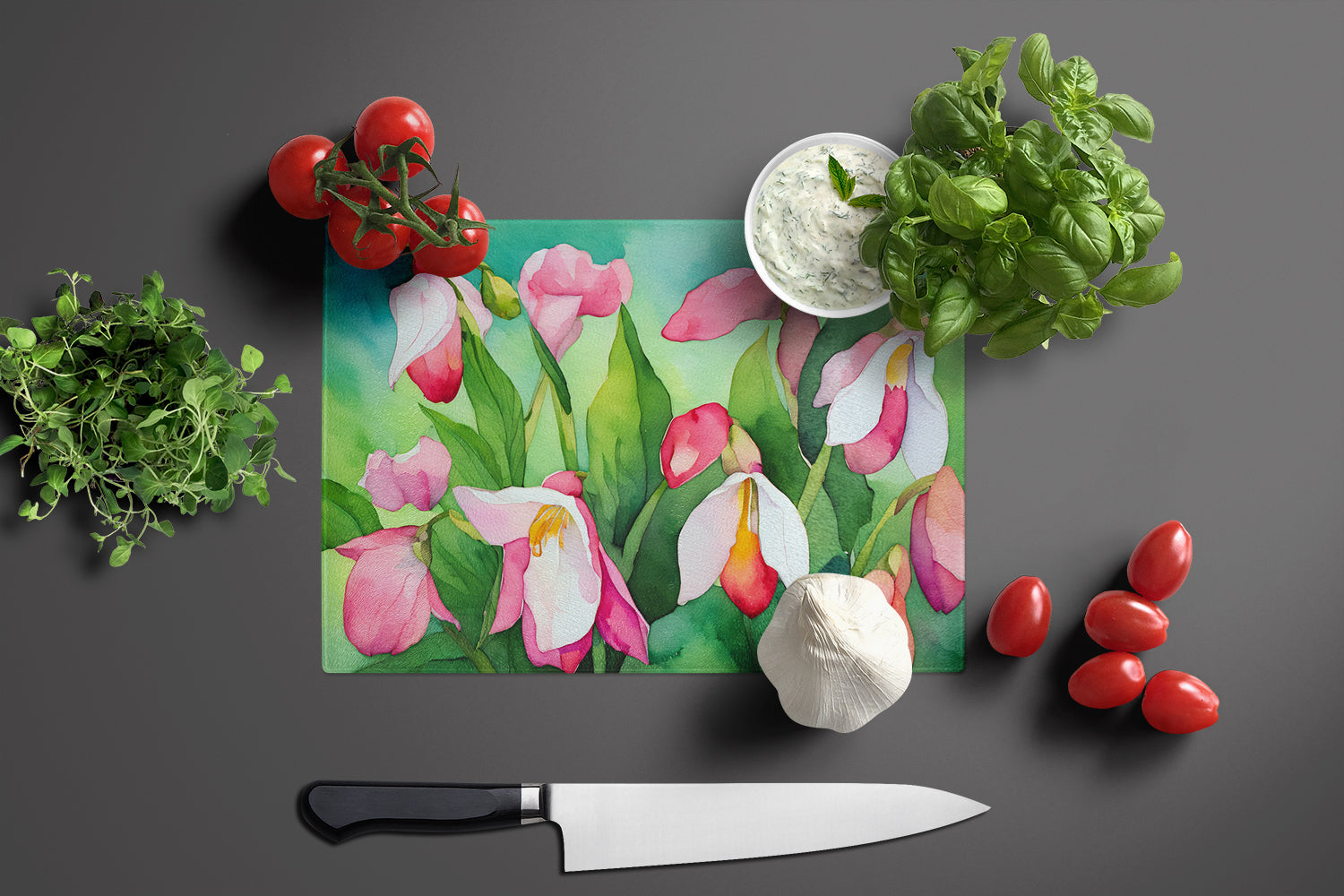 Minnesota Pink and White Lady’s Slippers in Watercolor Glass Cutting Board Large