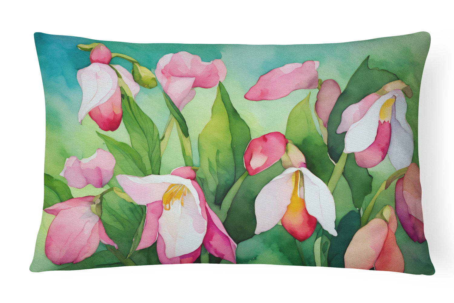 Buy this Minnesota Pink and White Lady’s Slippers in Watercolor Fabric Decorative Pillow