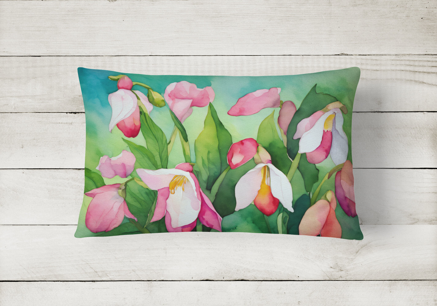 Minnesota Pink and White Lady’s Slippers in Watercolor Fabric Decorative Pillow