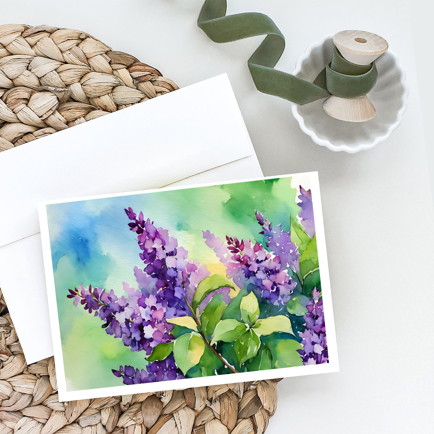 New Hampshire Purple Lilac in Watercolor Greeting Cards and Envelopes Pack of 8
