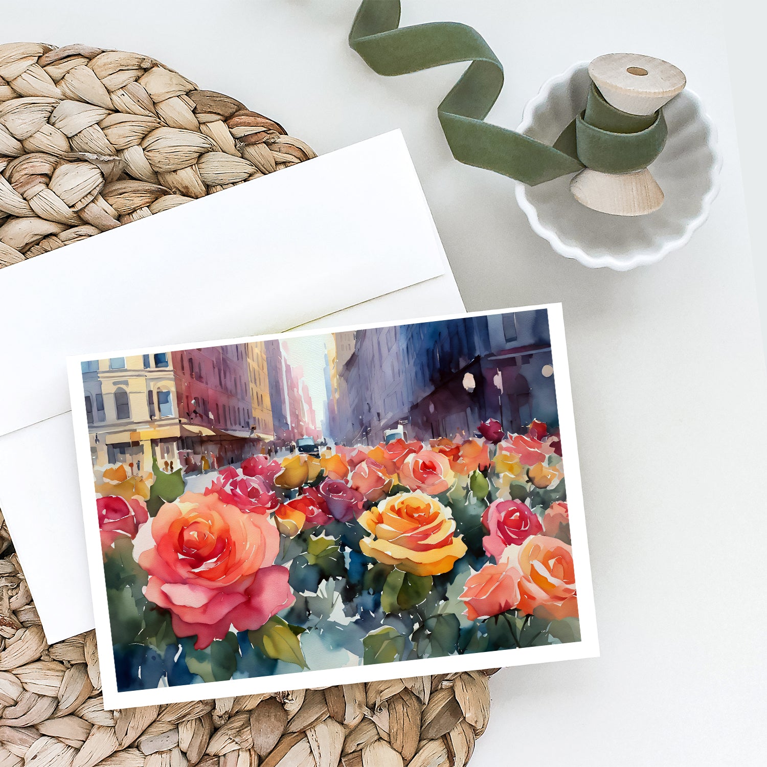 New York Roses in Watercolor Greeting Cards and Envelopes Pack of 8