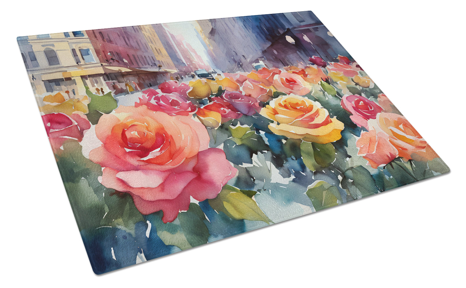 Caroline's Treasures New York Roses in Watercolor Glass Cutting Boards – Durable, Decorative Kitchen Art Large