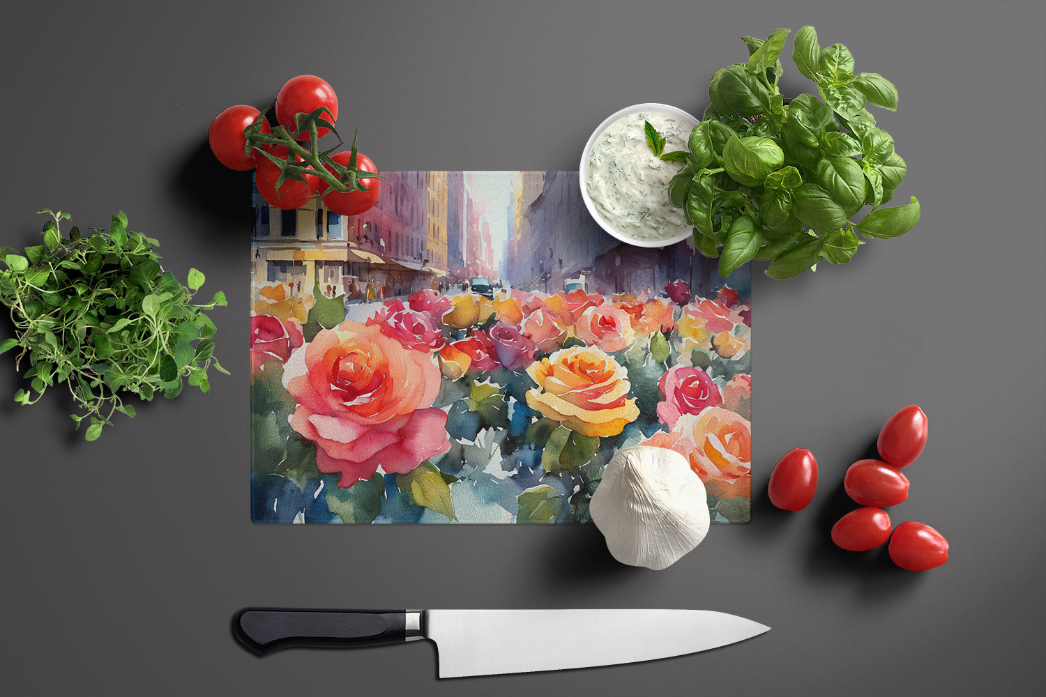 New York Roses in Watercolor Glass Cutting Board Large