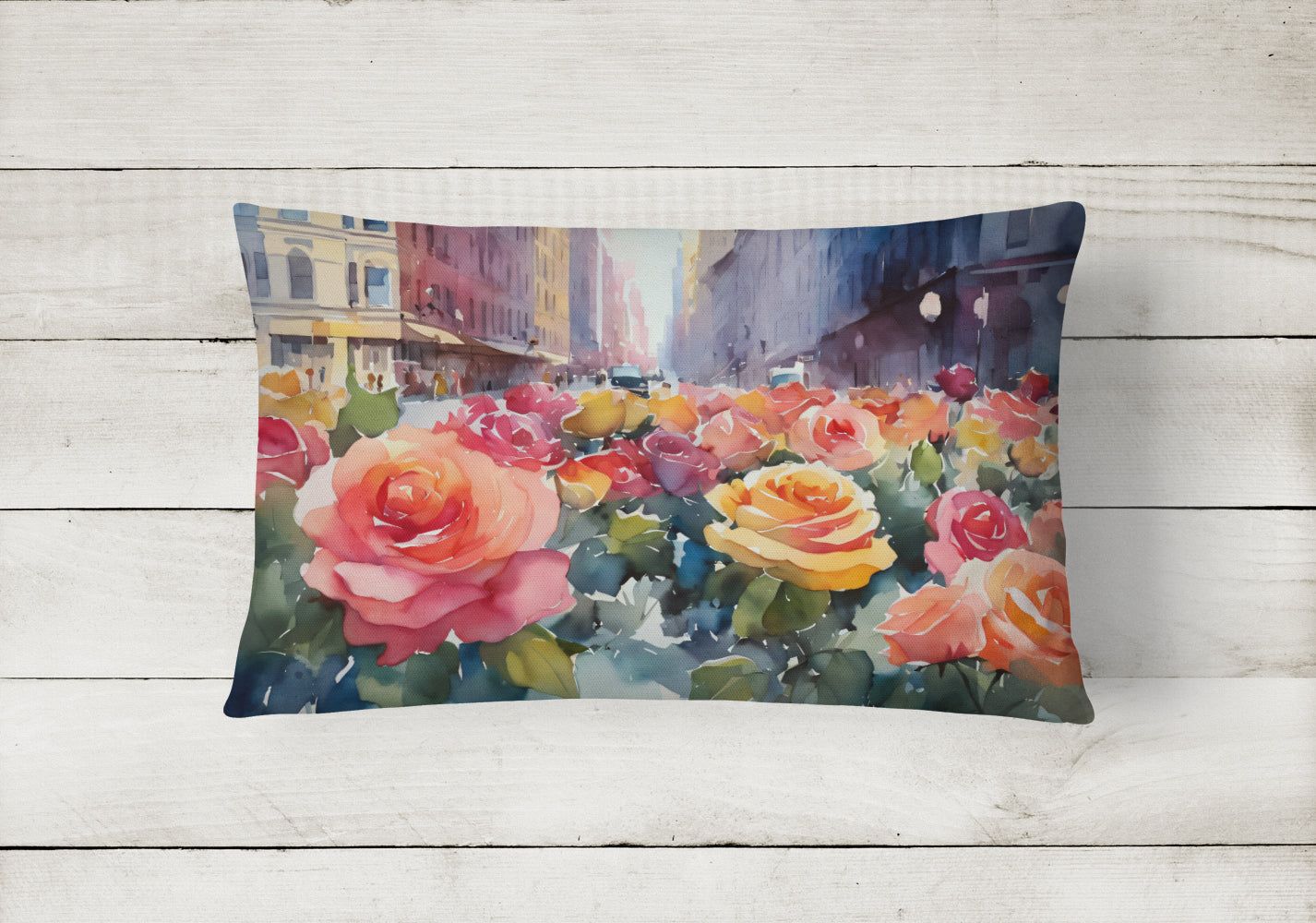 New York Roses in Watercolor Fabric Decorative Pillow