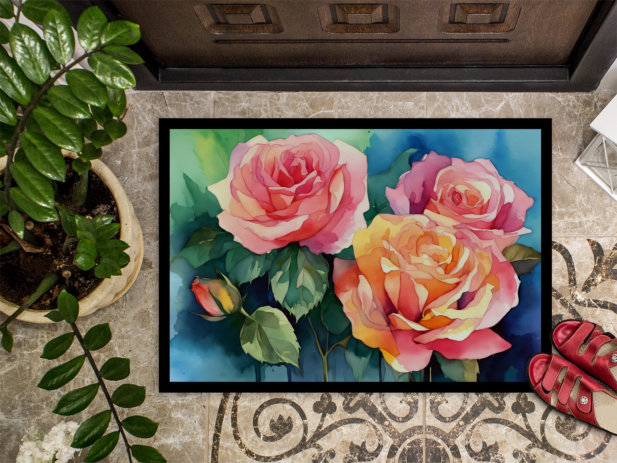 New York Roses in Watercolor Indoor or Outdoor Mat 24x36