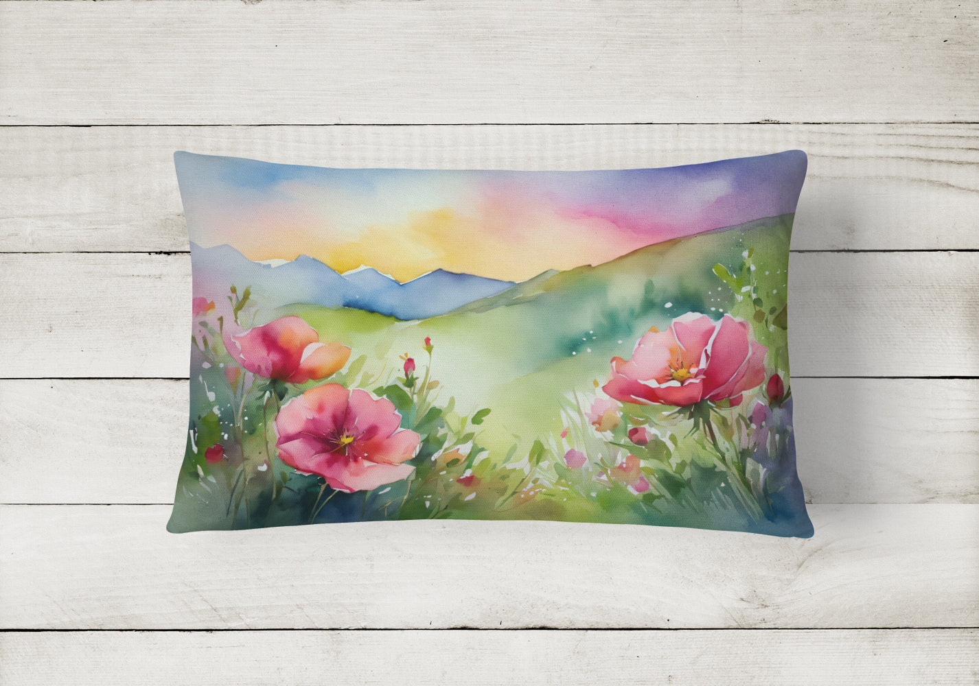 North Dakota Wild Prairie Roses in Watercolor Fabric Decorative Pillow