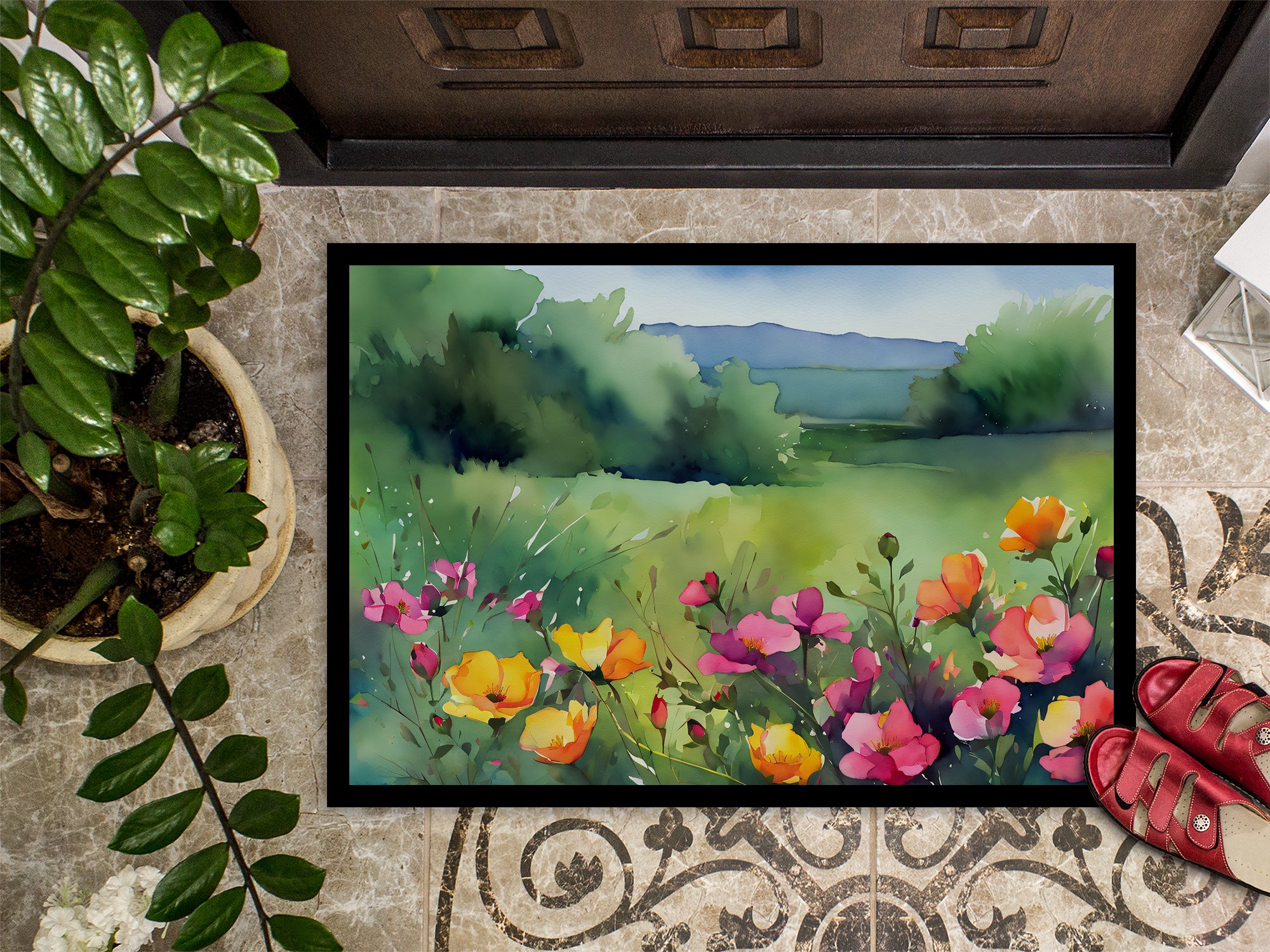North Dakota Wild Prairie Roses in Watercolor Indoor or Outdoor Mat 24x36