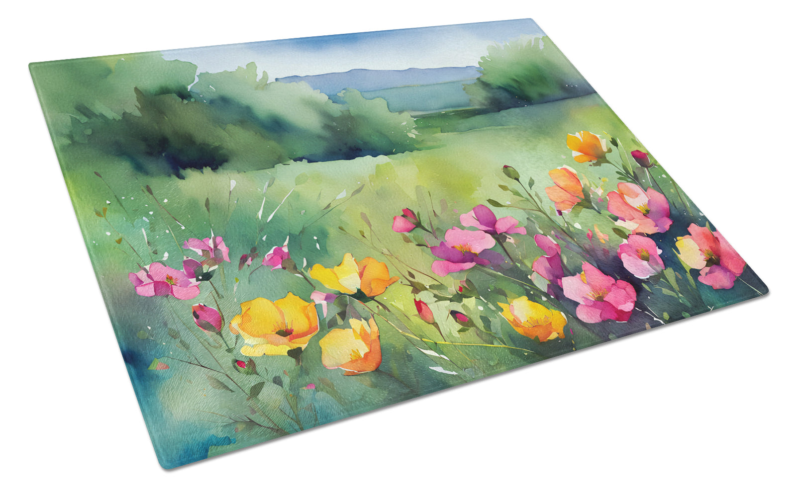 Caroline's Treasures North Dakota Wild Prairie Roses in Watercolor Glass Cutting Boards – Durable, Decorative Kitchen Art Large