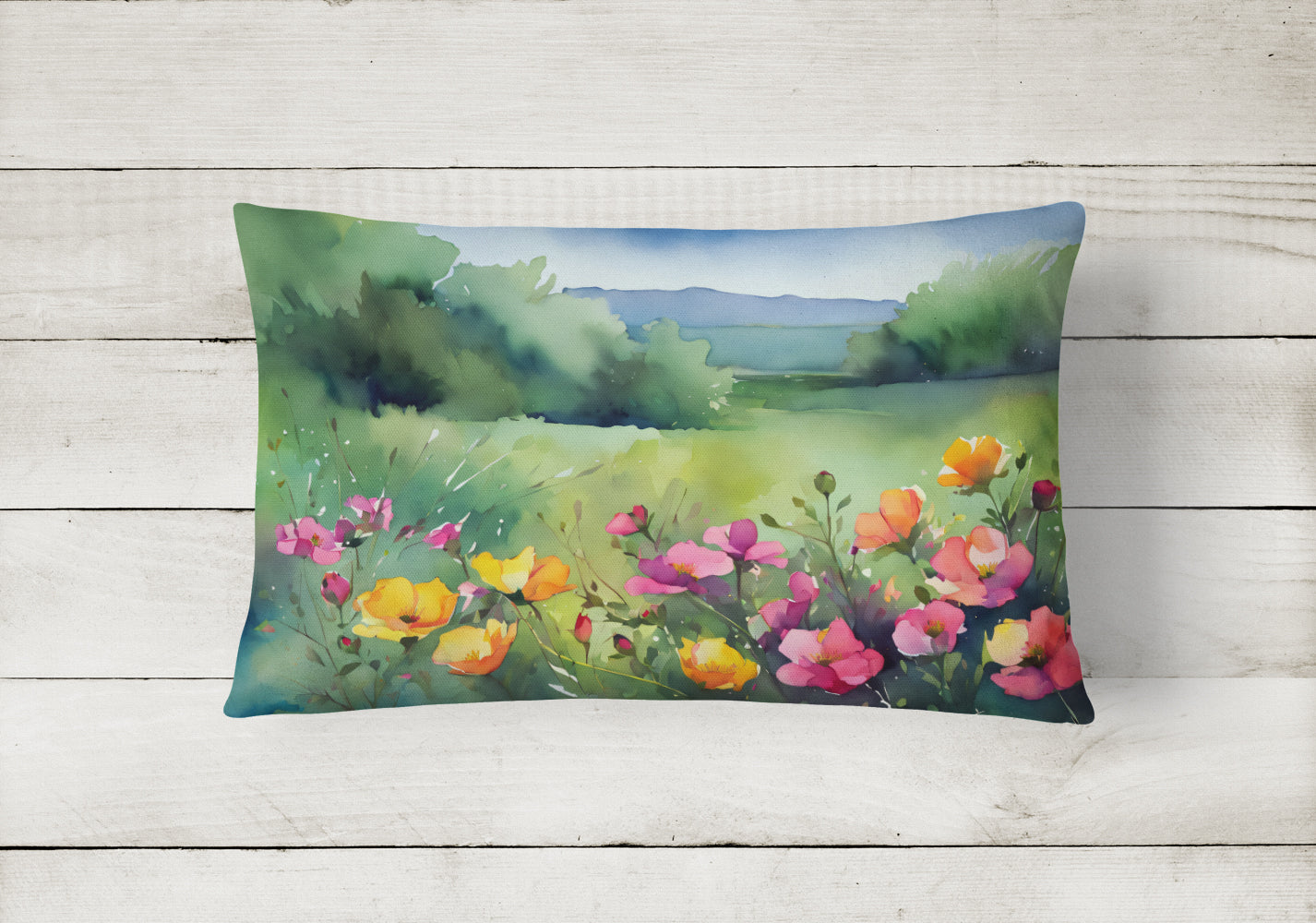 North Dakota Wild Prairie Roses in Watercolor Fabric Decorative Pillow