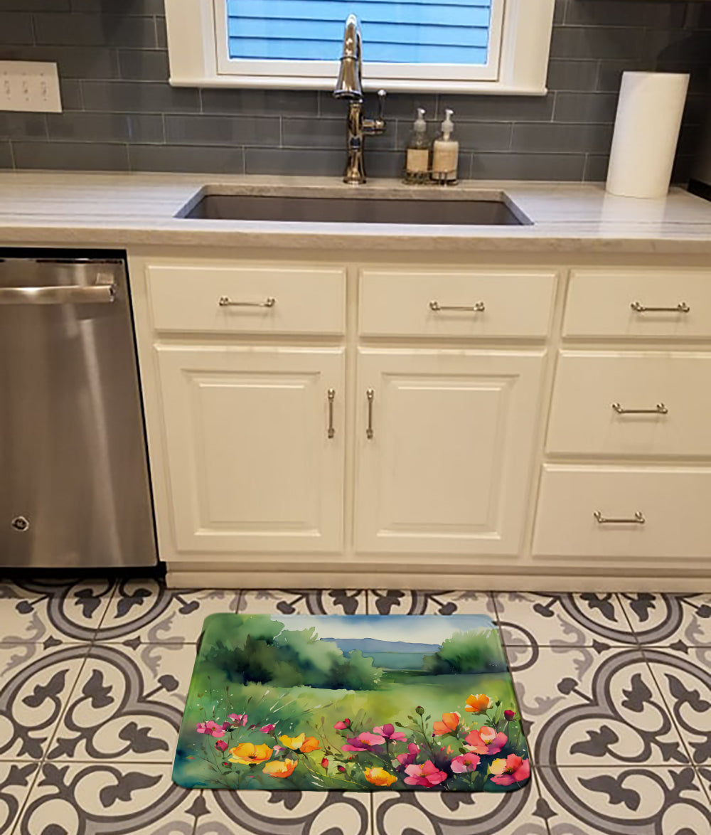 North Dakota Wild Prairie Roses in Watercolor Memory Foam Kitchen Mat