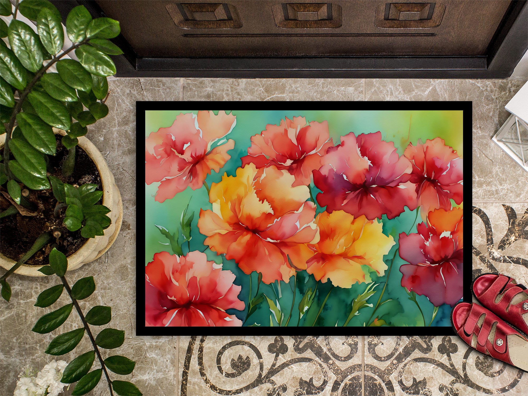Ohio Scarlet Carnations in Watercolor Indoor or Outdoor Mat 24x36