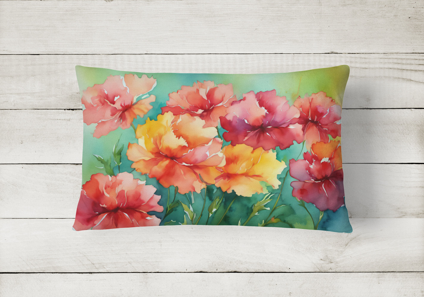 Ohio Scarlet Carnations in Watercolor Fabric Decorative Pillow