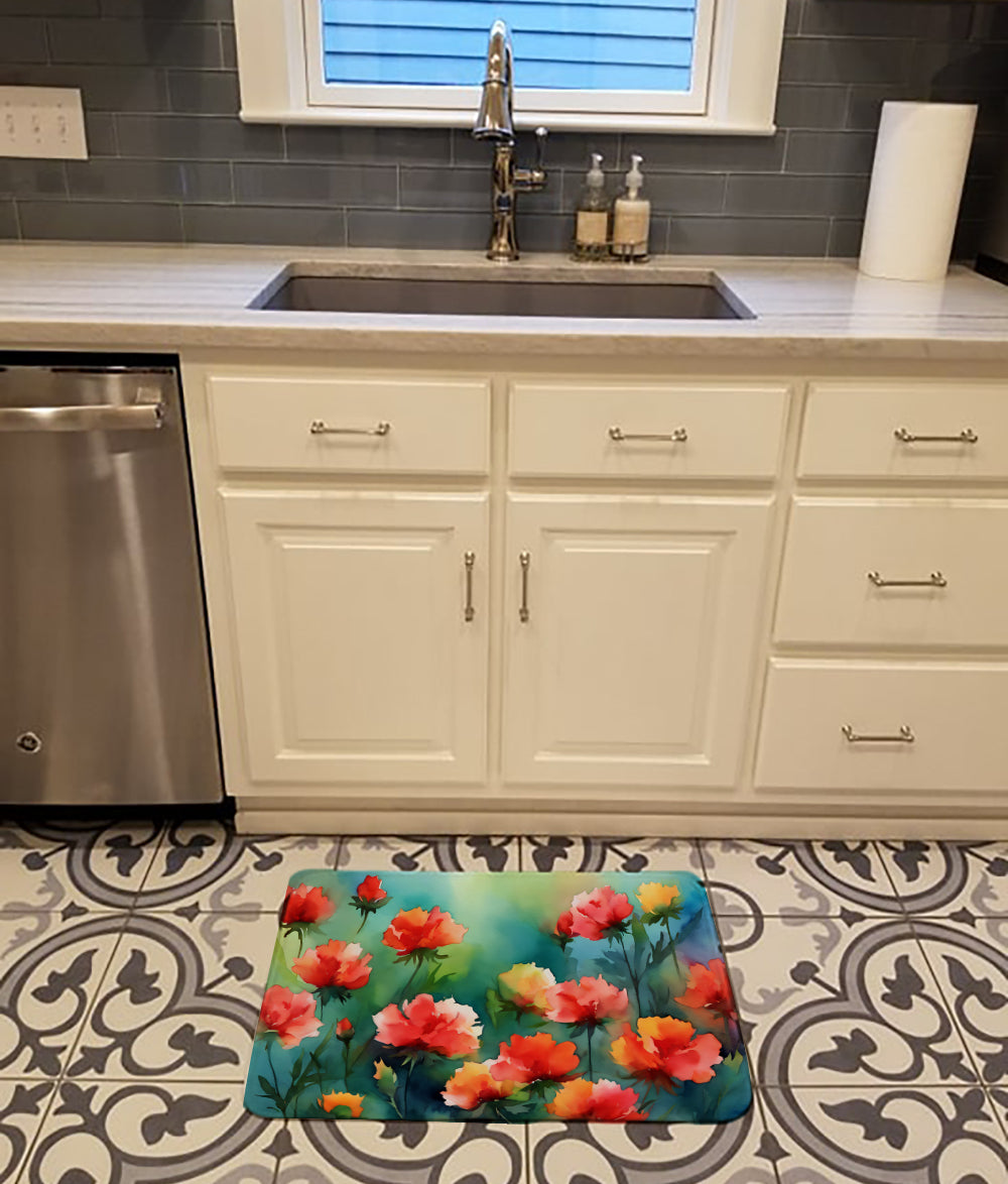 Ohio Scarlet Carnations in Watercolor Memory Foam Kitchen Mat