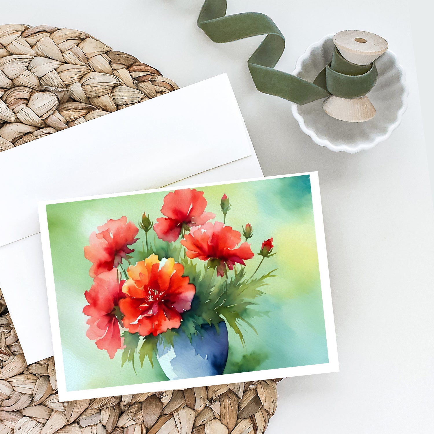 Ohio Scarlet Carnations in Watercolor Greeting Cards and Envelopes Pack of 8