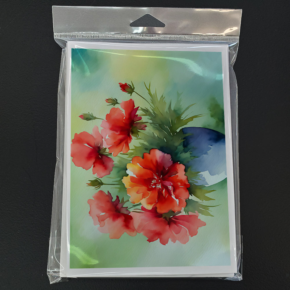 Ohio Scarlet Carnations in Watercolor Greeting Cards and Envelopes Pack of 8