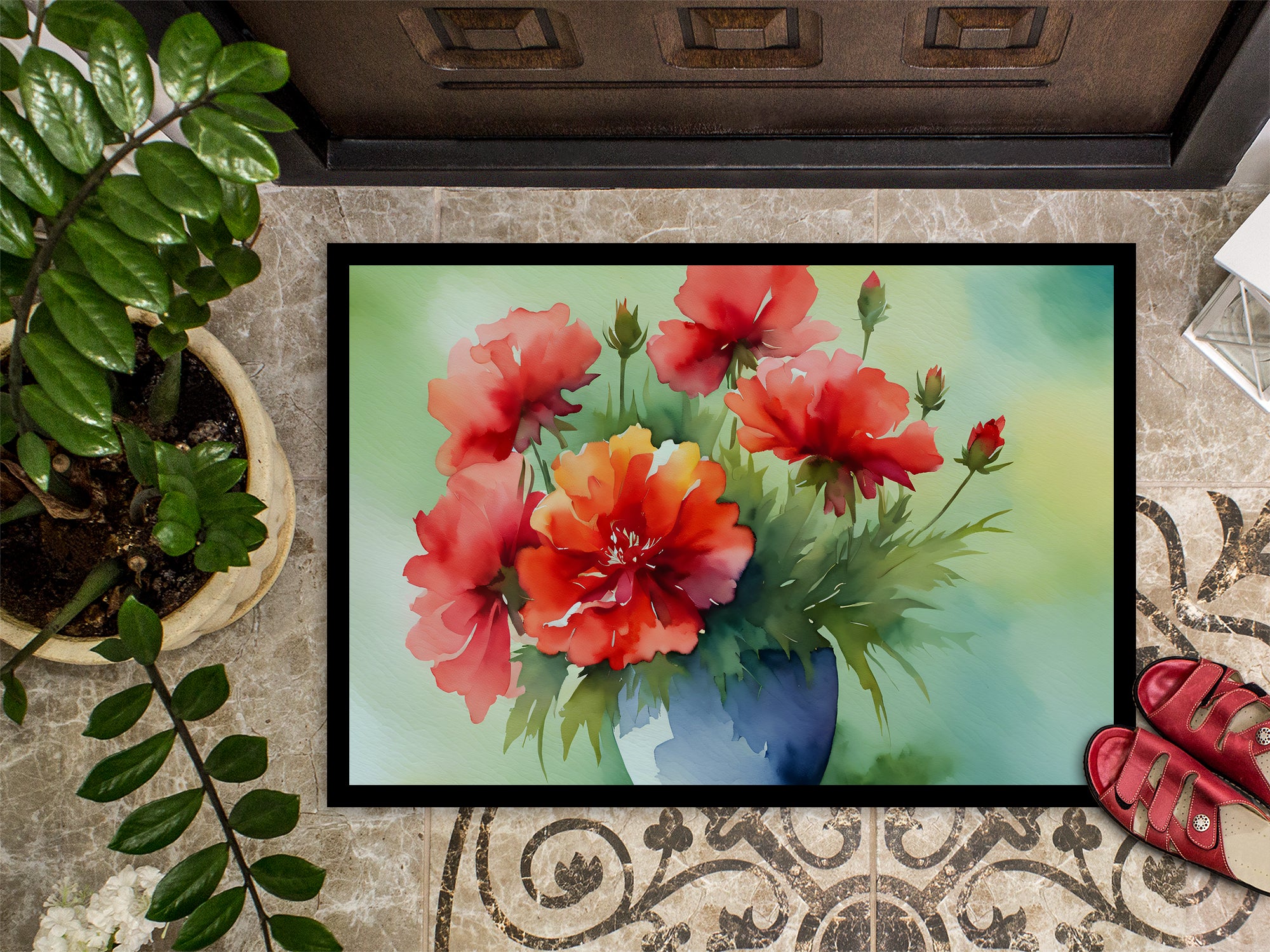 Ohio Scarlet Carnations in Watercolor Indoor or Outdoor Mat 24x36