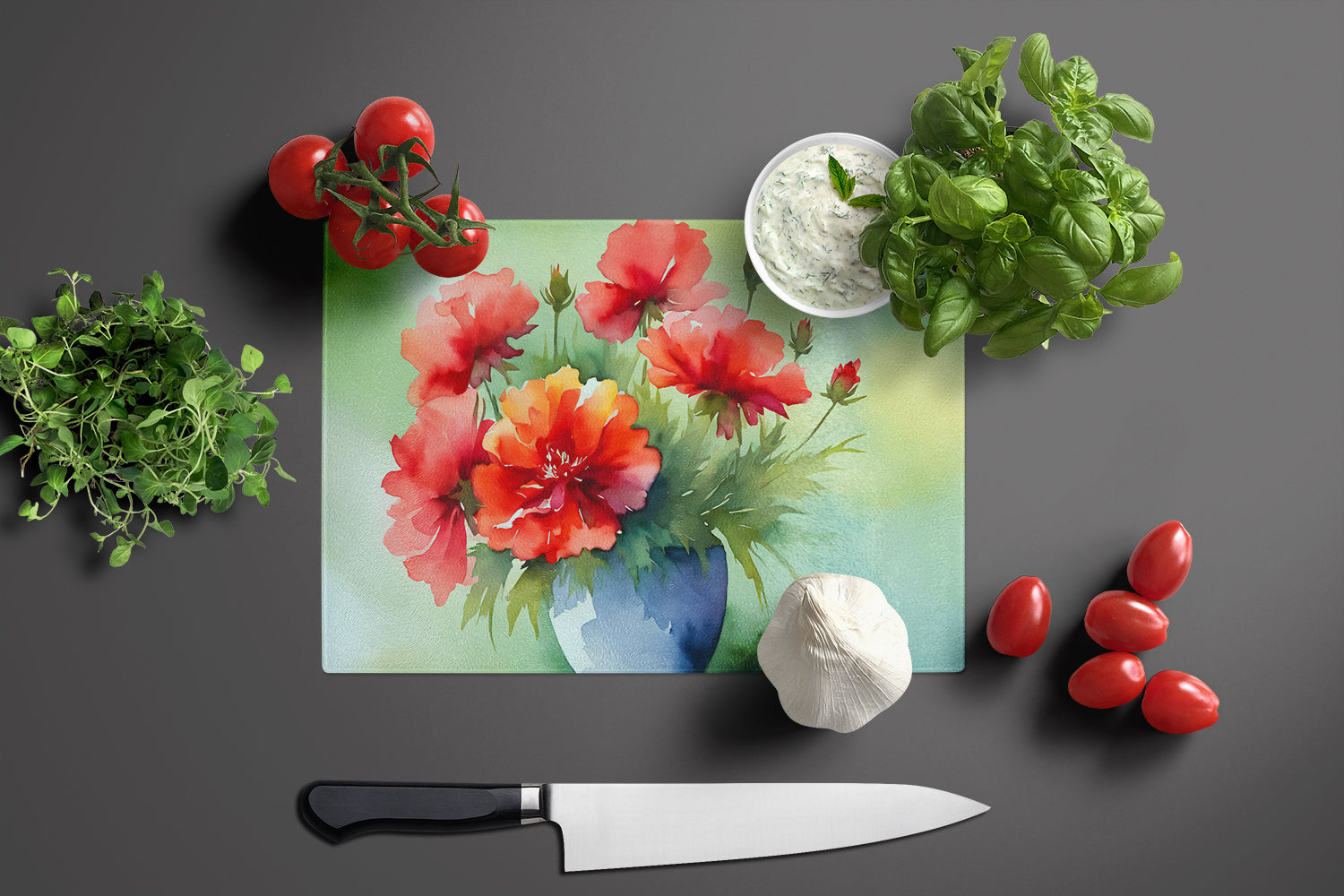 Ohio Scarlet Carnations in Watercolor Glass Cutting Board Large