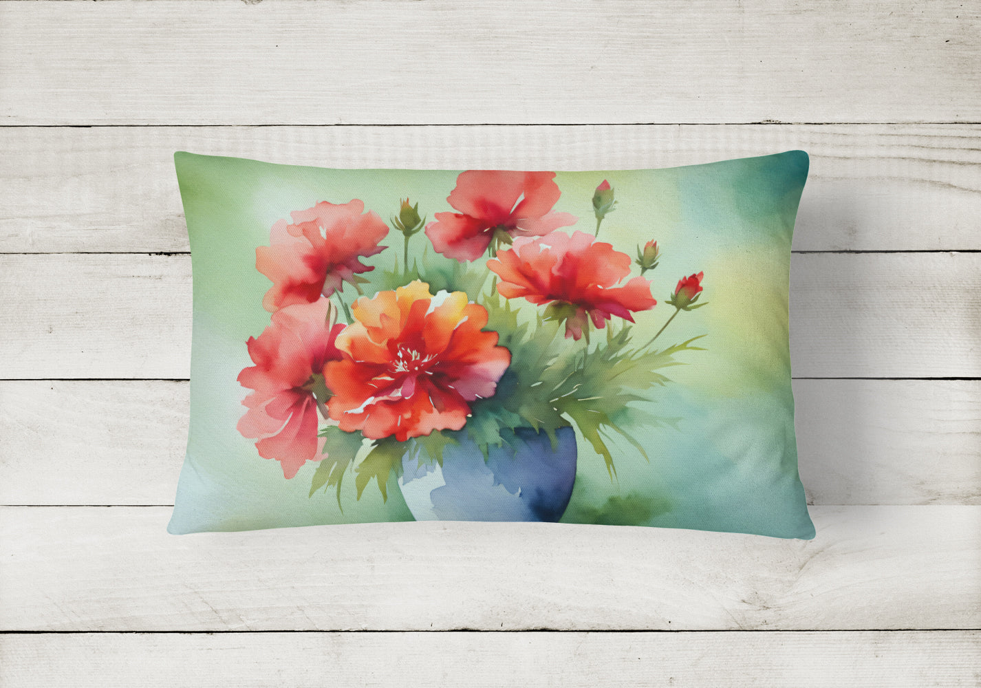 Ohio Scarlet Carnations in Watercolor Fabric Decorative Pillow