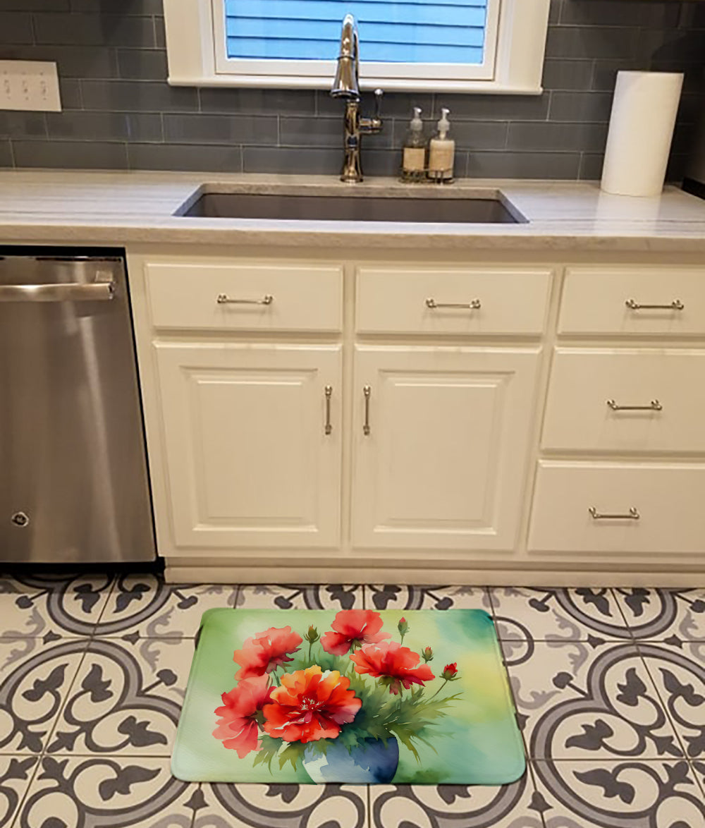 Ohio Scarlet Carnations in Watercolor Memory Foam Kitchen Mat