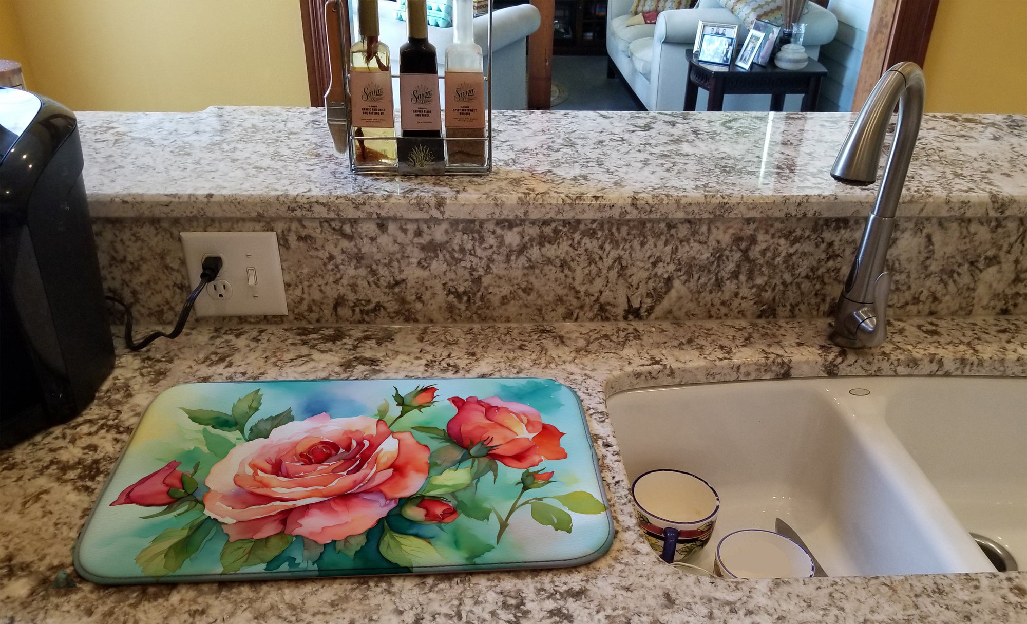Oklahoma Roses in Watercolor Dish Drying Mat