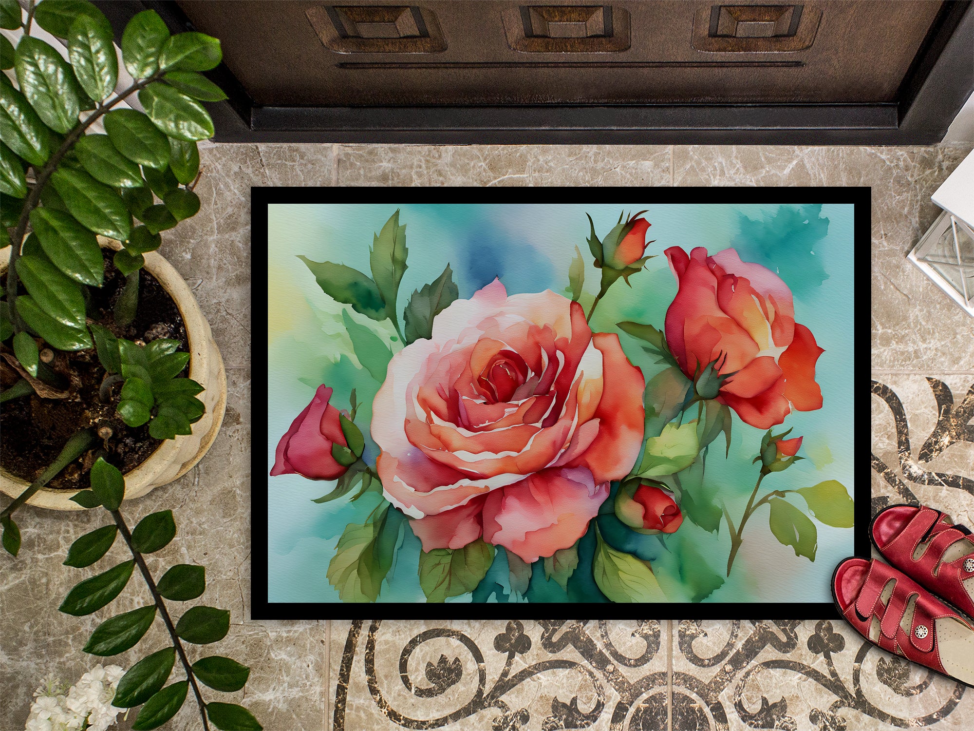 Oklahoma Roses in Watercolor Indoor or Outdoor Mat 24x36