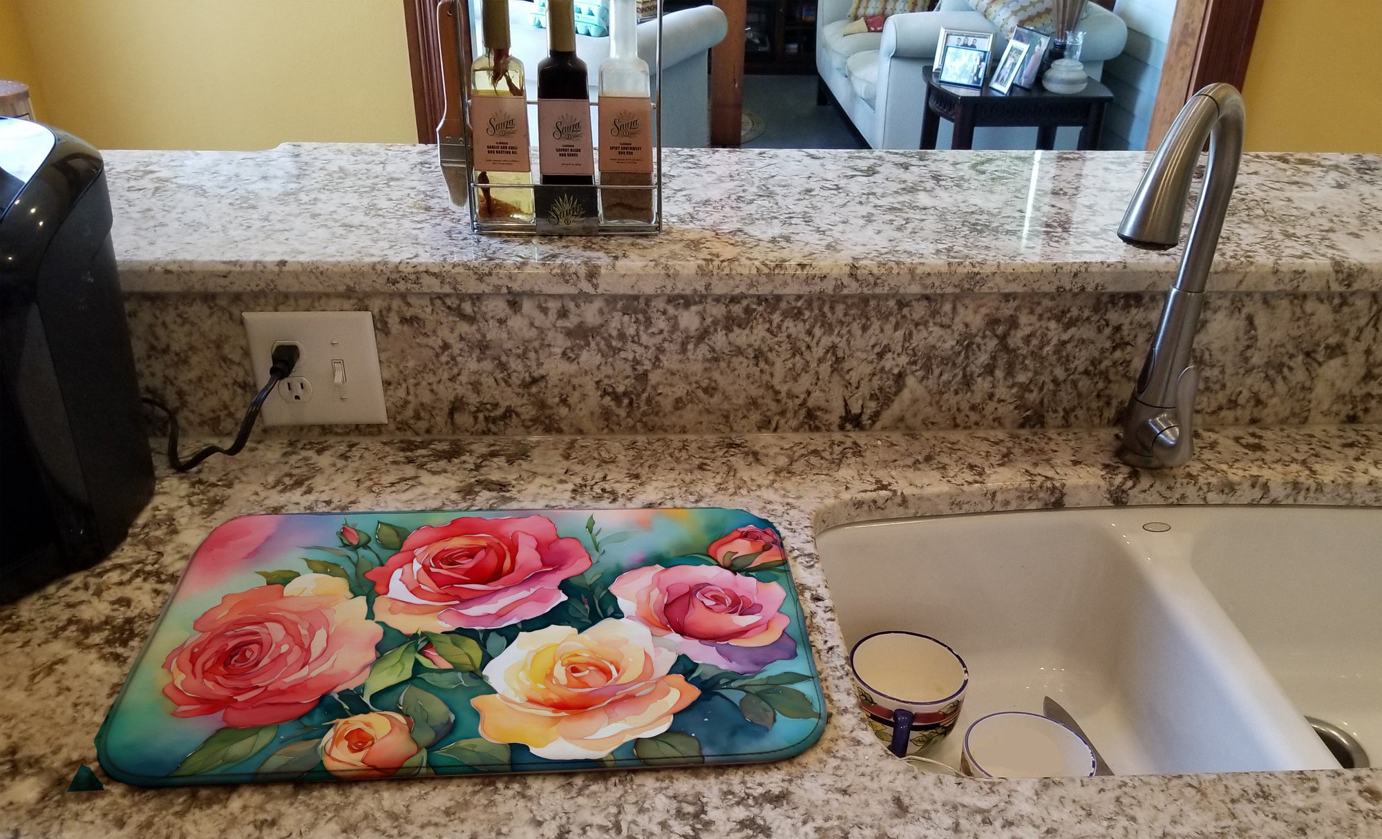 Oklahoma Roses in Watercolor Dish Drying Mat