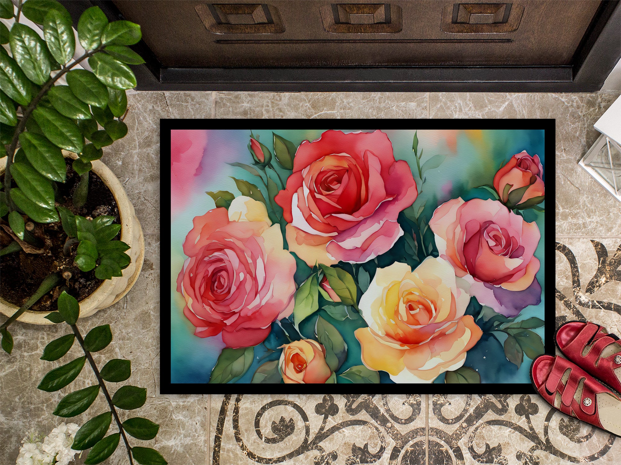 Oklahoma Roses in Watercolor Indoor or Outdoor Mat 24x36