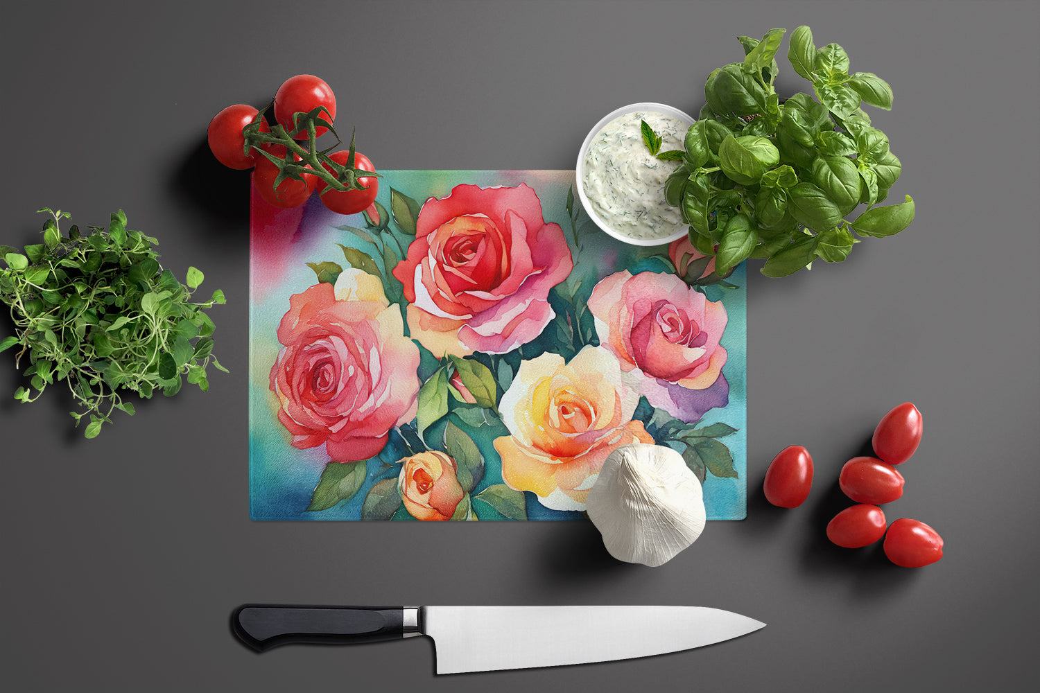 Oklahoma Roses in Watercolor Glass Cutting Board Large