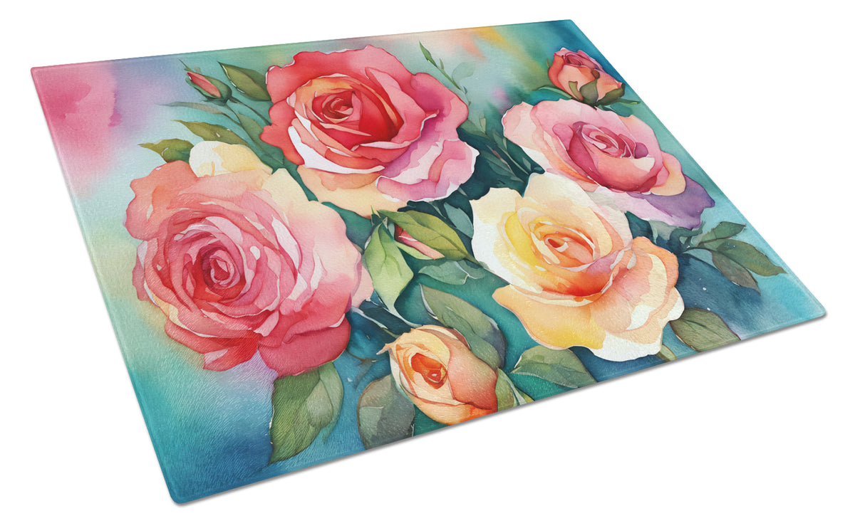 Caroline's Treasures Oklahoma Roses in Watercolor Glass Cutting Boards – Durable, Decorative Kitchen Art Large