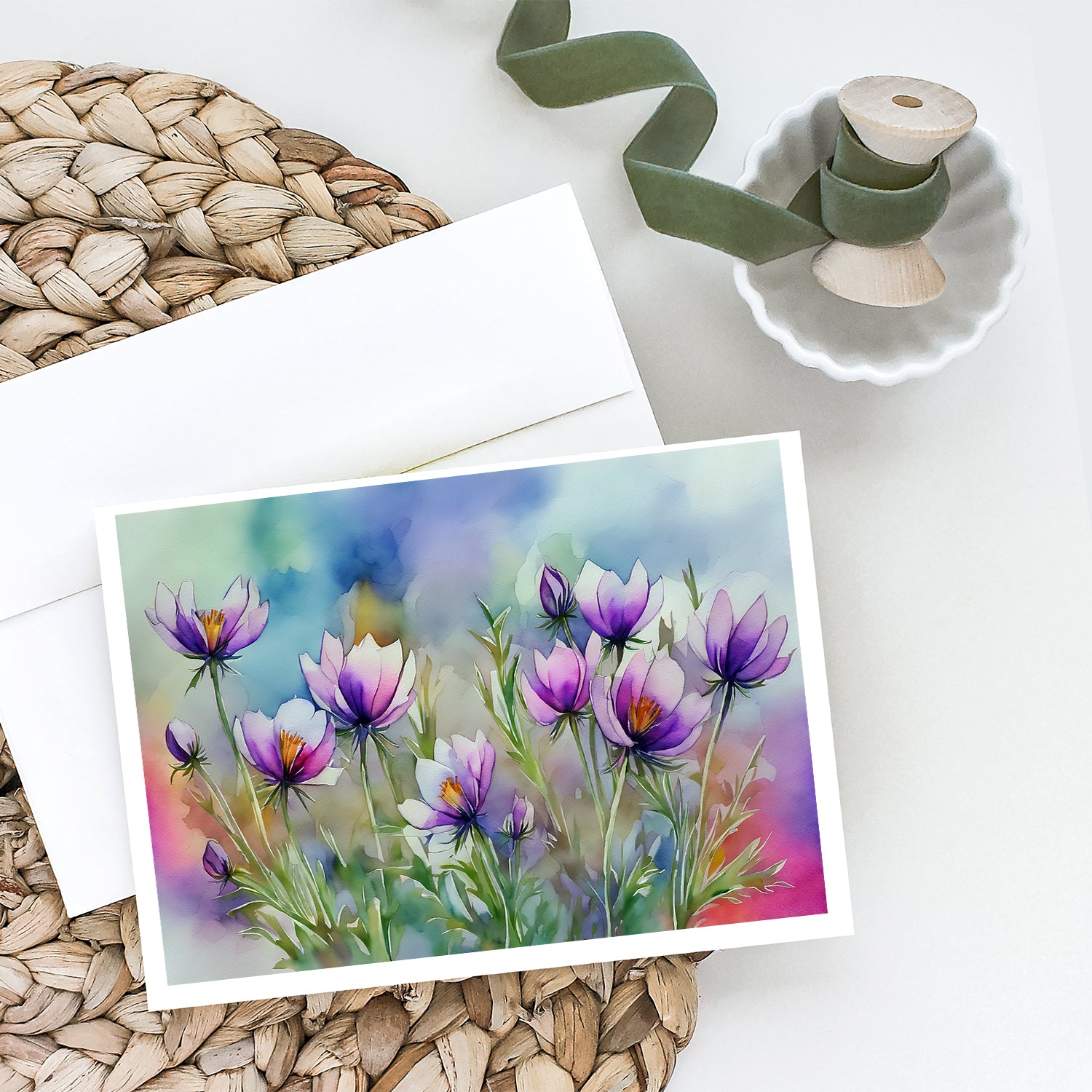 Caroline's Treasures South Dakota Pasque Flowers in Watercolor Greeting Cards - Blank Note Cards – 8-Pack of Artist-Designed Cards with Envelopes