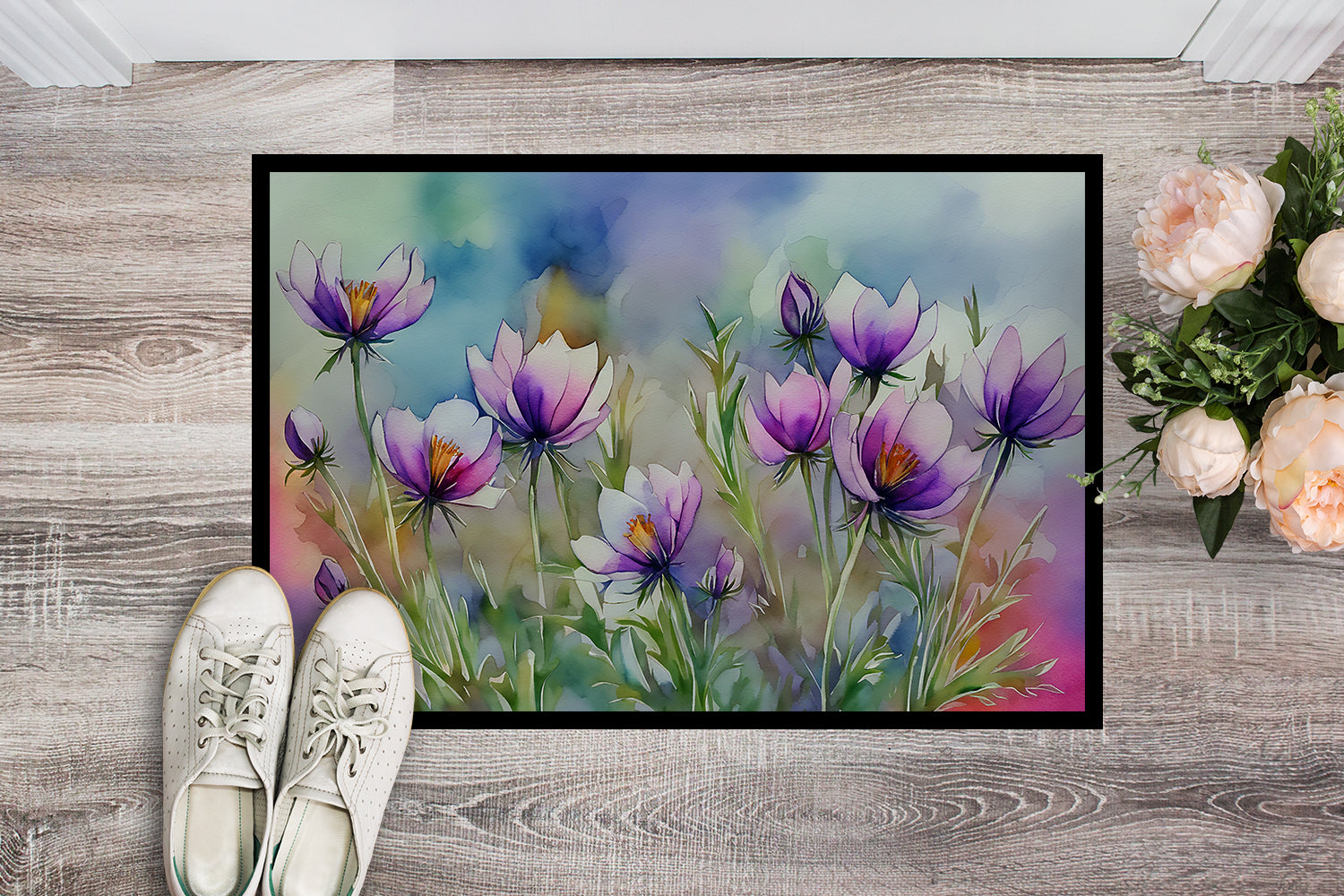 Buy this South Dakota Pasque Flowers in Watercolor Indoor or Outdoor Mat 24x36